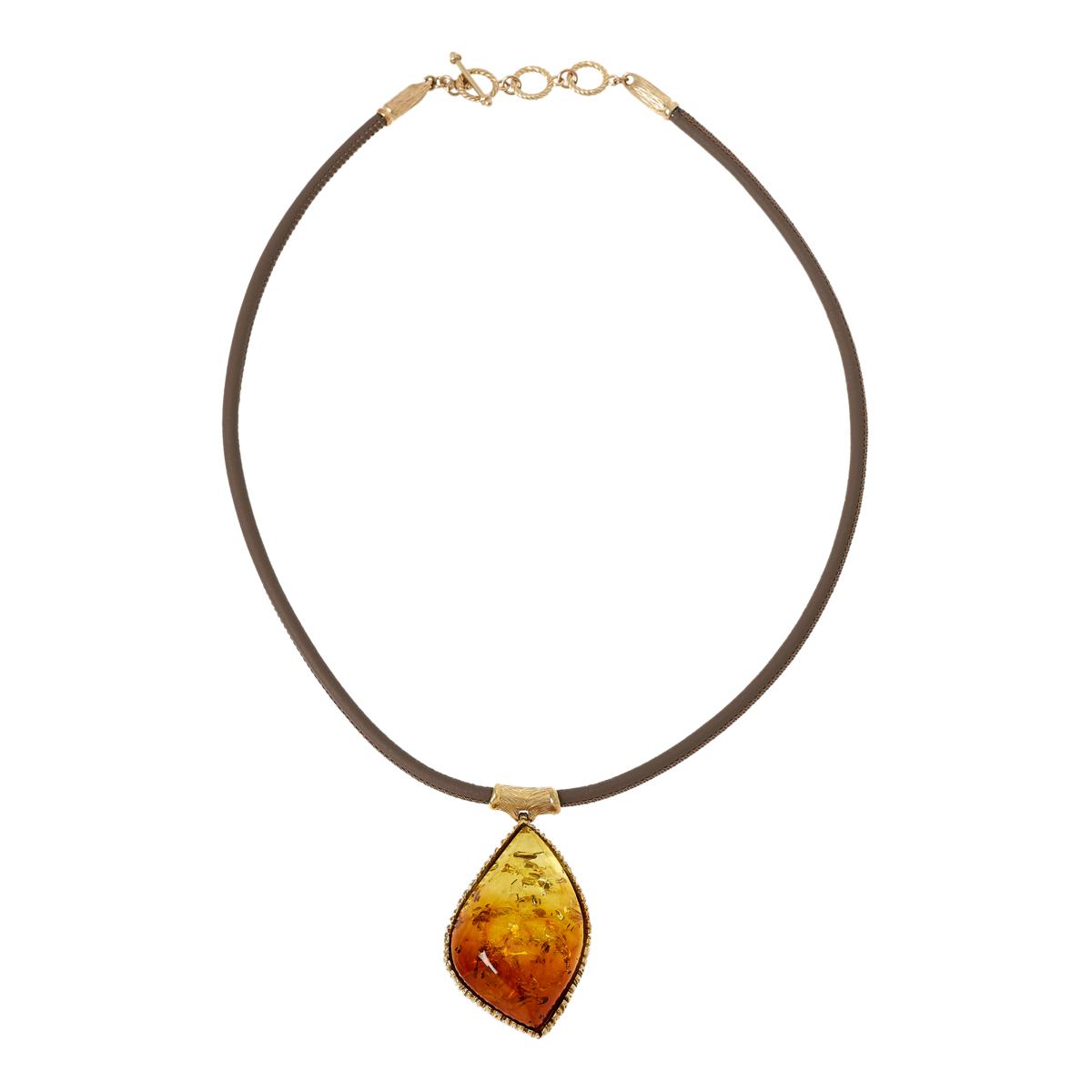 Amber Extraordinaire Goldtone Marquise Pendant with Leather Cord, 20"