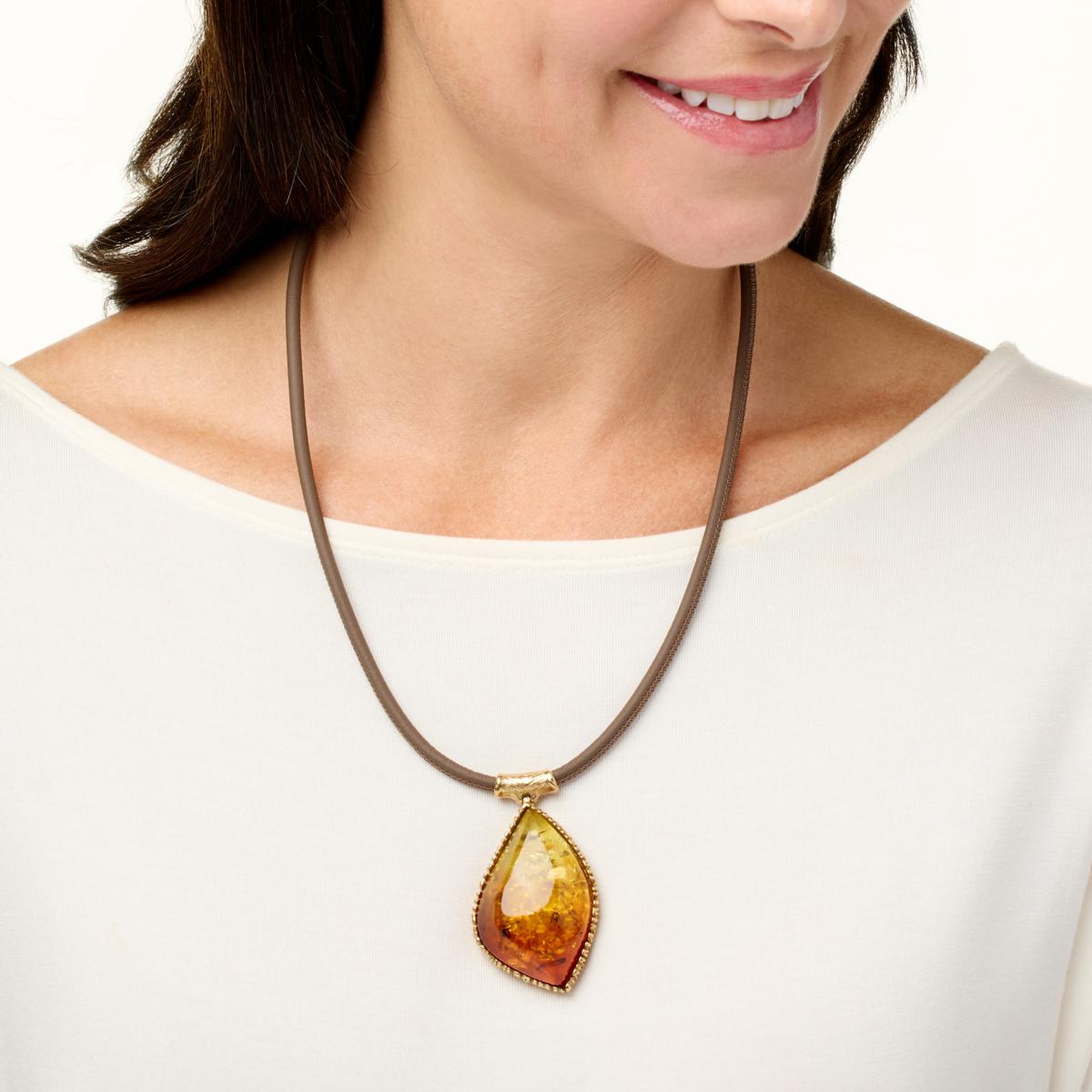 Amber Extraordinaire Goldtone Marquise Pendant with Leather Cord, 20"