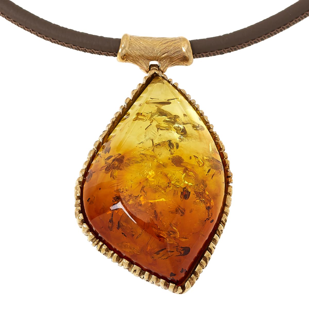 Amber Extraordinaire Goldtone Marquise Pendant with Leather Cord, 20"