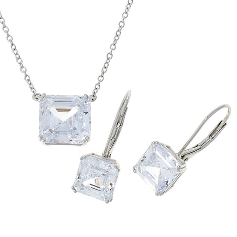 Absolute Sterling Silver Asscher Cut Necklace & Earrings Set, 19"