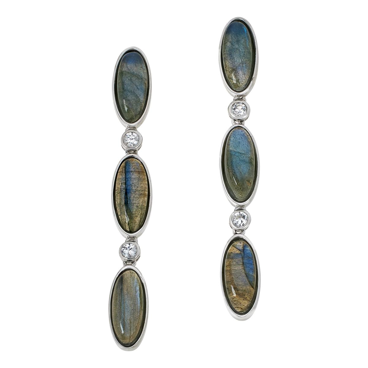 Colleen Lopez Sterling Silver Labradorite & White Zircon 3-Drop Earrings, 2-1/2"