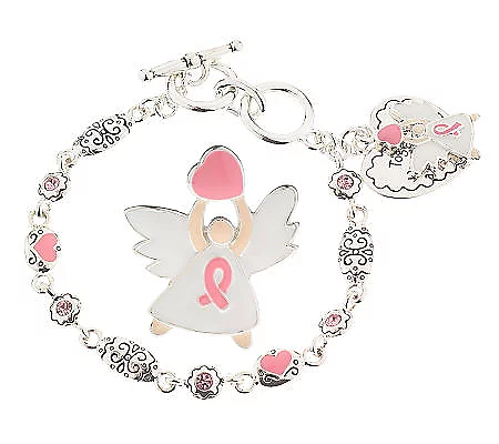 Pink Ribbon Angel Lapel Pin and Bracelet, 6-1/2" - 7"