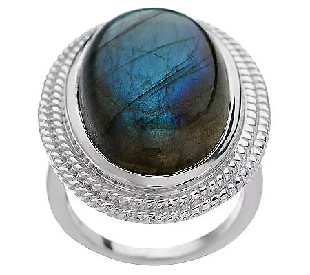 Bold Oval Labradorite Sterling Silver Rope-Detail Border Ring Size 6 Qvc $91.00