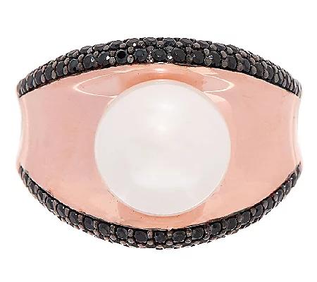 Honora Cultured Pearl 10.0mm Black Spinel Concave Bronze Ring, Size 5