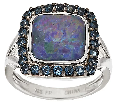 Australian Opal Triplet & Blue Topaz Sterling Halo Ring, Size 5