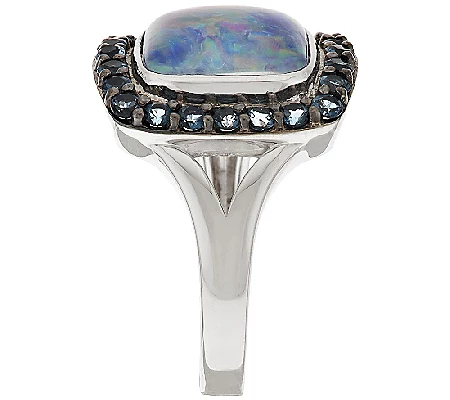 Australian Opal Triplet & Blue Topaz Sterling Halo Ring, Size 5