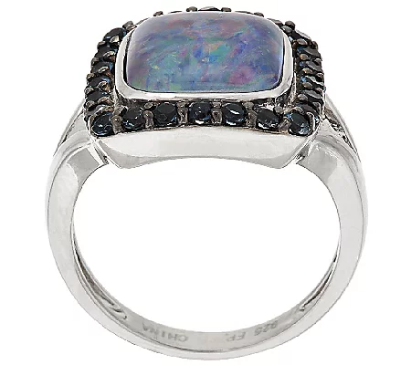 Australian Opal Triplet & Blue Topaz Sterling Halo Ring, Size 5