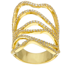 Italian Silver Sterling Wide Free-Form Crystal Ring, Yellow Gold Plated Sterling Silver, Size 6