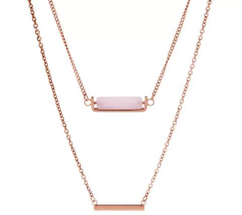 Stainless Steel Double Layer Horizontal Bar Necklace, Rose Tone, Chain 18"+2"L