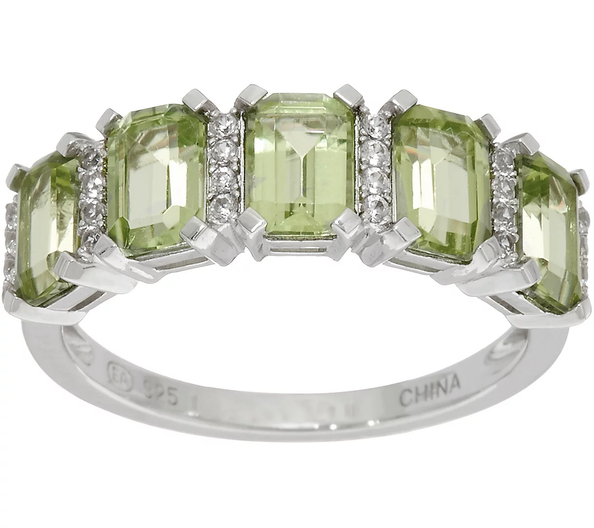 Emerald Cut 5-Stone Peridot Sterling Silver Band Ring 2.50 cttw, Size 8