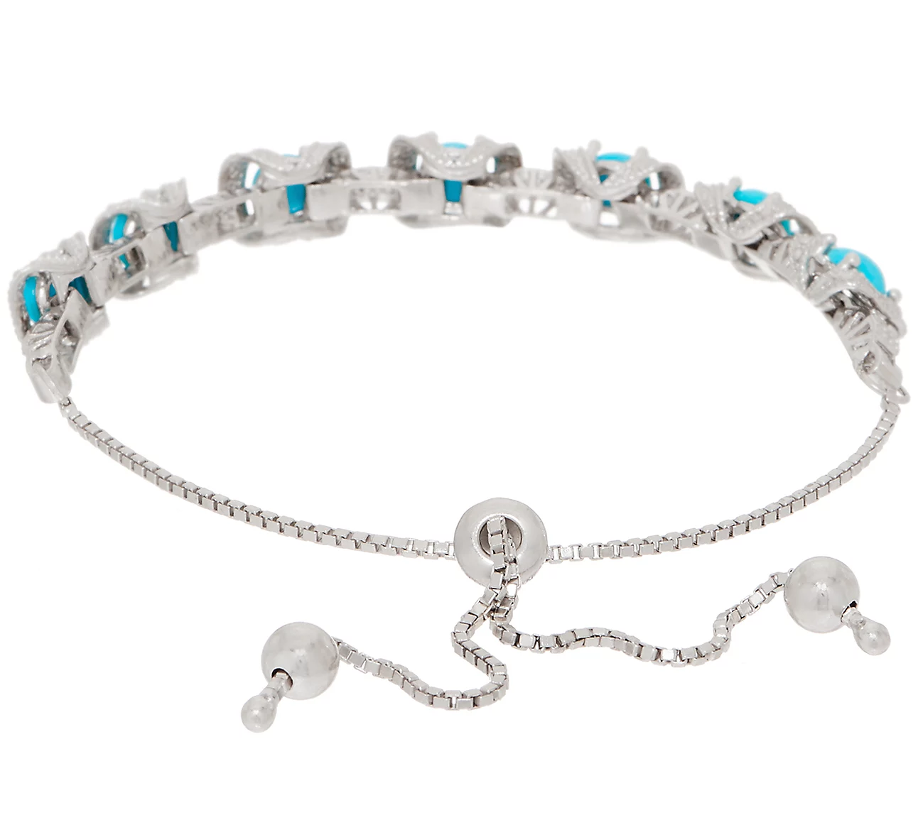 QVC Blue Turquoise Gemstone Diamond Cut Adjustable Sterling Silver Bracelet