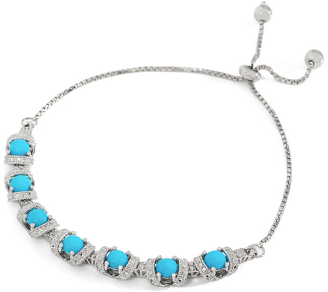 QVC Blue Turquoise Gemstone Diamond Cut Adjustable Sterling Silver Bracelet