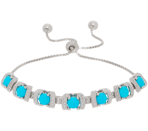 QVC Blue Turquoise Gemstone Diamond Cut Adjustable Sterling Silver Bracelet