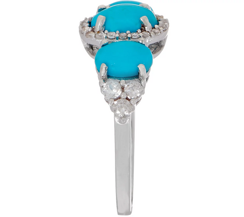 Sleeping Beauty Turquoise & White Zircon Three Stone Ring, Sterling, Size 10