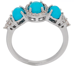 Sleeping Beauty Turquoise & White Zircon Three Stone Ring, Sterling Silver, Size 9