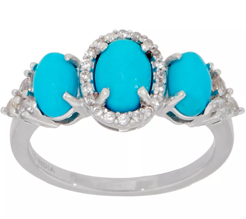 Sleeping Beauty Turquoise & White Zircon Three Stone Ring, Sterling, Size 10