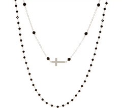 Italian Silver Cross Motif Gemstone Necklace Set, Midnight Black, 18"; 30"L