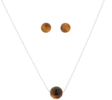 Gemstone Bead Necklace and Earring Set, "Tiger's Eye", Sterling Silver, Chain Size 18"