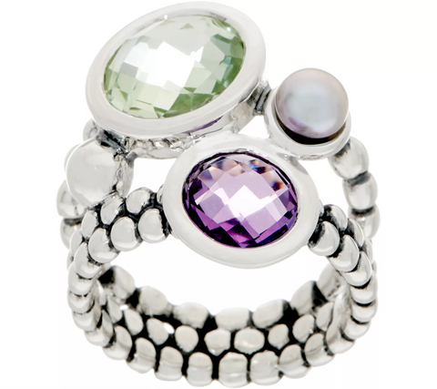 Michael Dawkins Multi-Gemstone Sterling Silver Granulation Drop Ring Size 8