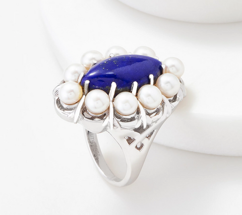 Sterling Silver Lapis & Cultured Pearl Gemstone Ring, Size 6