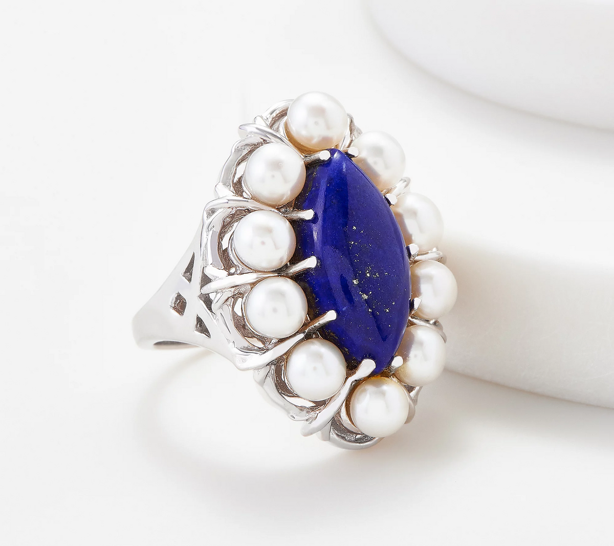 Sterling Silver Lapis & Cultured Pearl Gemstone Ring, Size 7