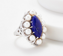 Sterling Silver Lapis & Cultured Pearl Gemstone Ring, Size 6