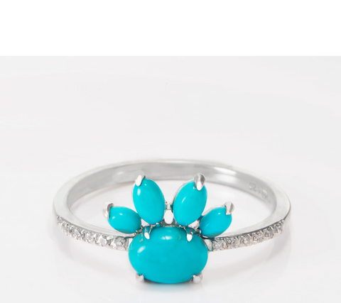 QVC Sterling Silver Oval Turquoise & Round Diamond Paw Print Ring, Size 7