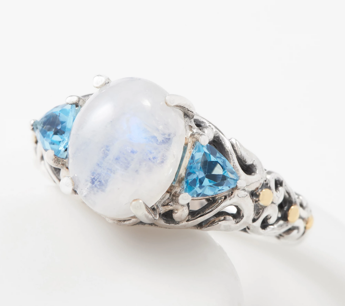 Artisan Crafted Sterling Silver Moonstone & Blue Topaz Three Stone Ring Size 10