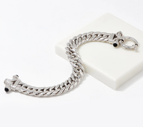 Sterling Silver Cuban Link By Silver Style Onyx Bracelet 6-3/4" Qvc $190