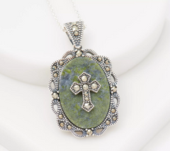 Connemara Marble Pendant with Marcasite Accents with 18" Chain, Celtic Cross