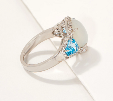 Affinity Gems Oval Cut Moonstone and White Zircon Ring, Sterling Silver, Size 11