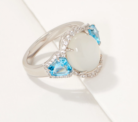 Affinity Gems Oval Cut Moonstone and White Zircon Ring, Sterling Silver, Size 11