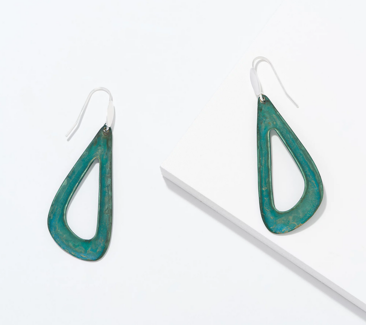 RLM Patina Openwork Drop Earrings, Green Brass Size 2-3/4"