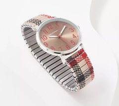 Isaac Mizrahi Live! Printed Expansion Watch, Cappuccino plaid, Stainless steel