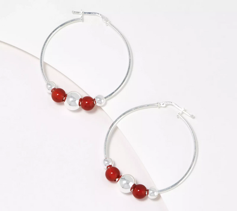 UltraFine 950 Silver Graduated Carnelian Gemstone Beaded Hoop Earrings 1-1/2"