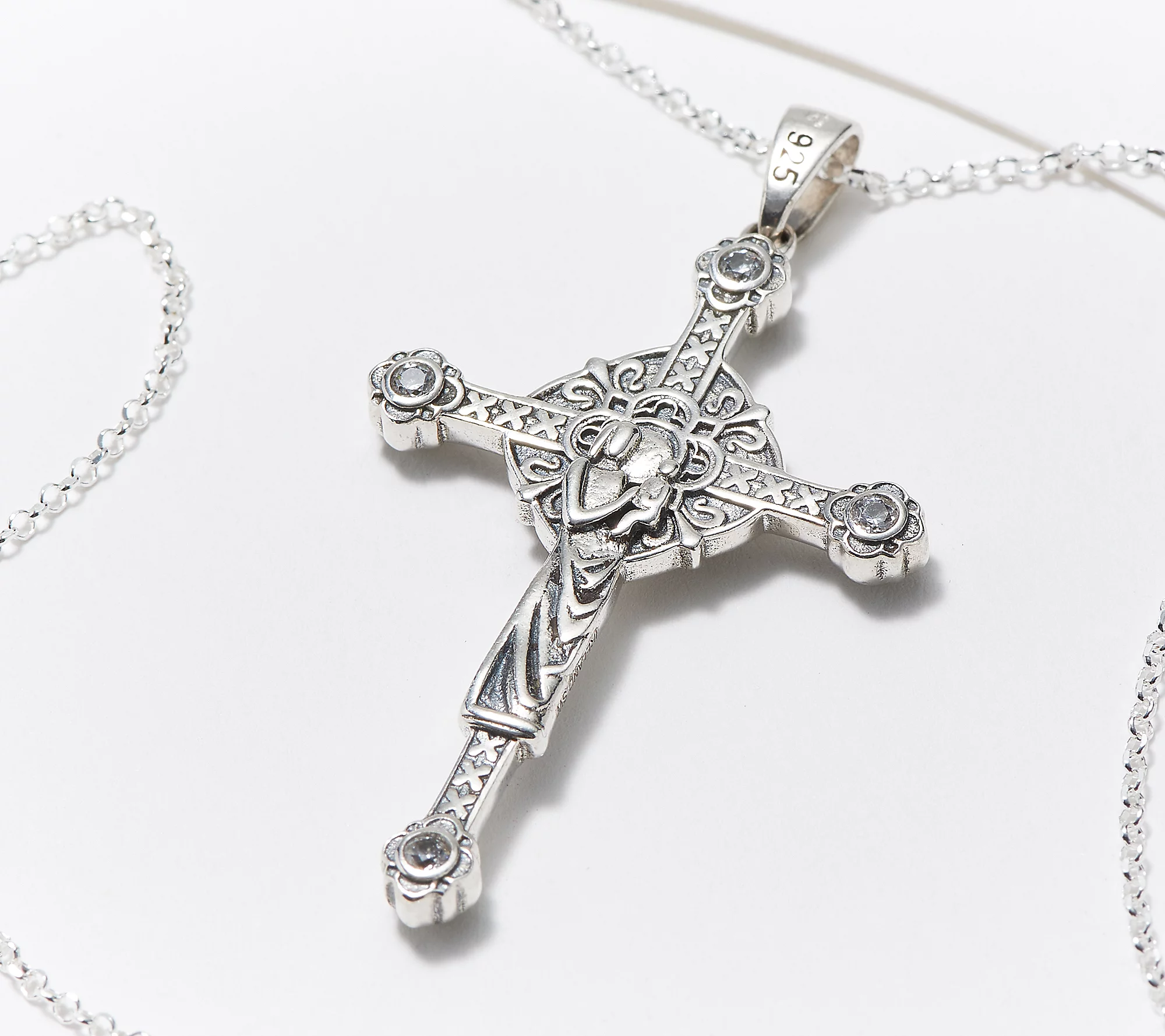 Connemara Marble Diamonique Cross Pendant with Chain, 18"L