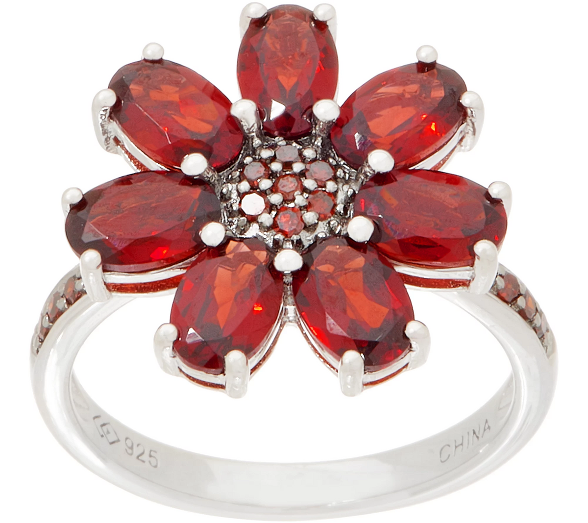 QVC Sterling Silver Garnet Gemstone & Diamond Flower Ring Size 6, 2.50 cttw