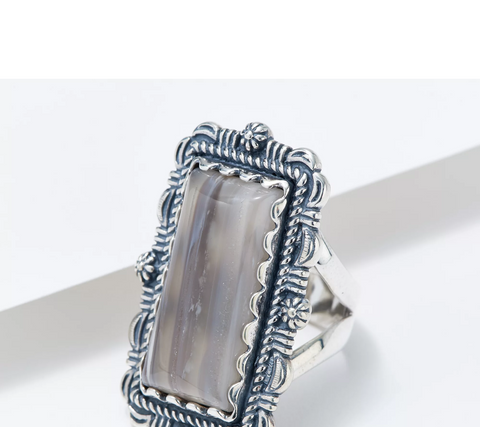 American West Rectangular Grey Agate Gemstone Ring Size 6 Sterling Silver