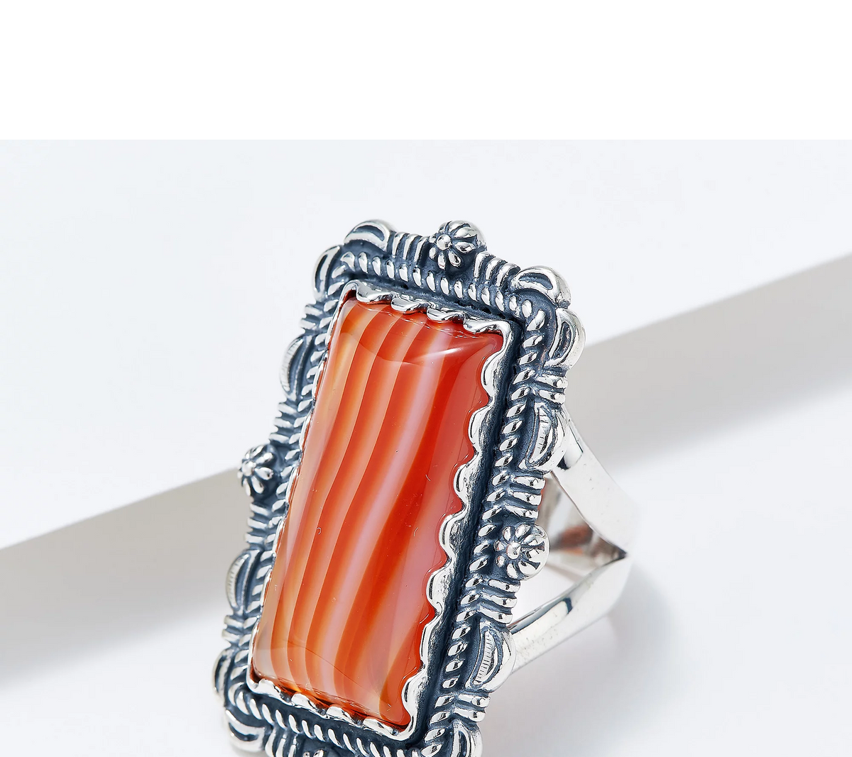 American West Rectangular Orange Agate Gemstone Ring Size 5 Sterling Silver