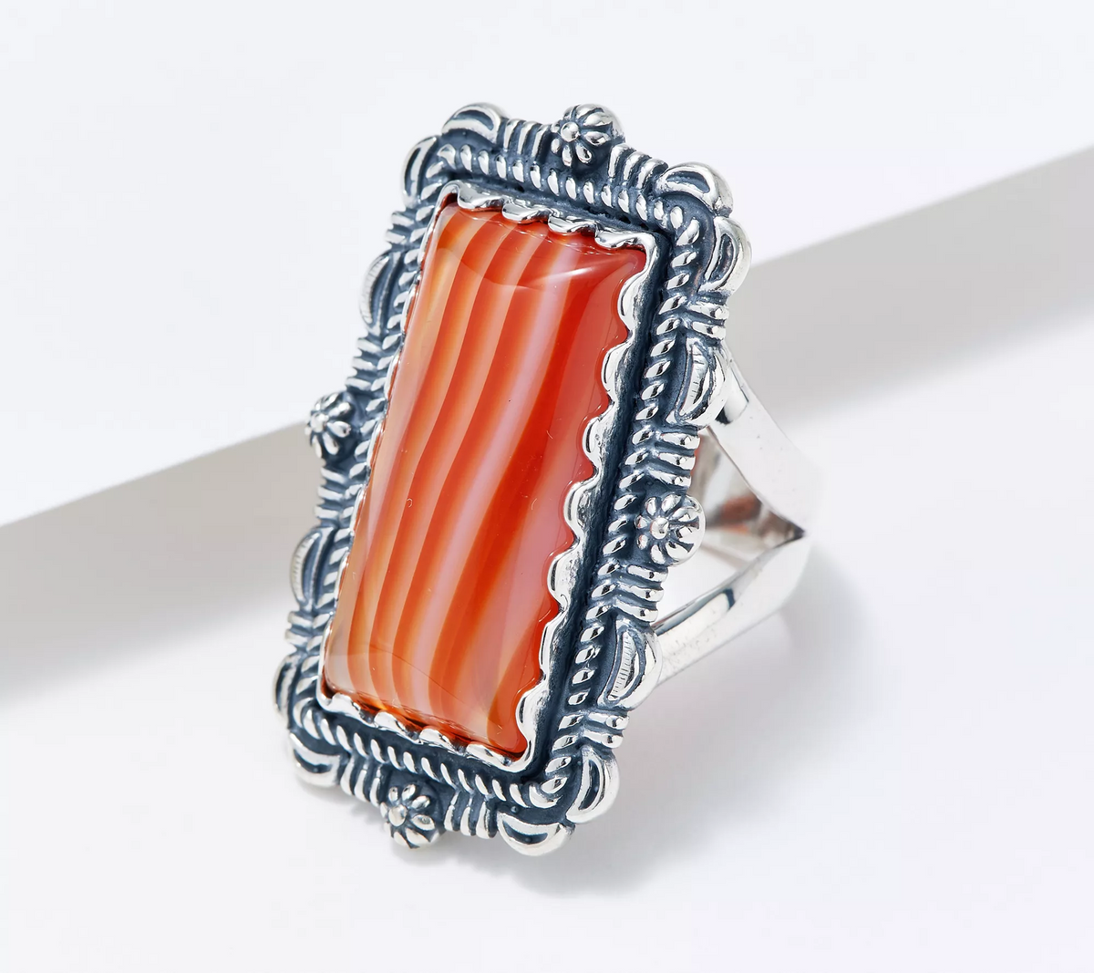 American West Sterling Silver Rectangular Orange Agate Gemstone Ring Size 8