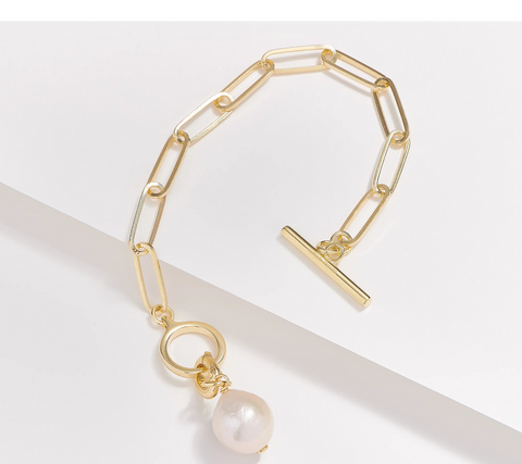 Affinity Cultured Pearls Paperclip Bracelet 6-3/4" Gold-Over Sterling Silver