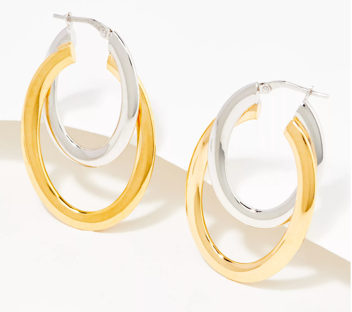 Italian Silver Sterling Two-tone Shiny Double Oval Hoop Earrings. 1"