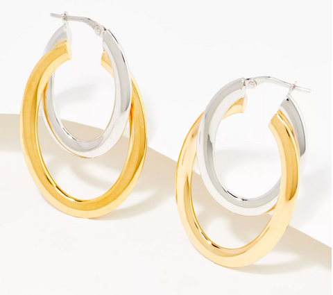 Italian Silver Sterling Two-tone Shiny Double Oval Hoop Earrings. 1"