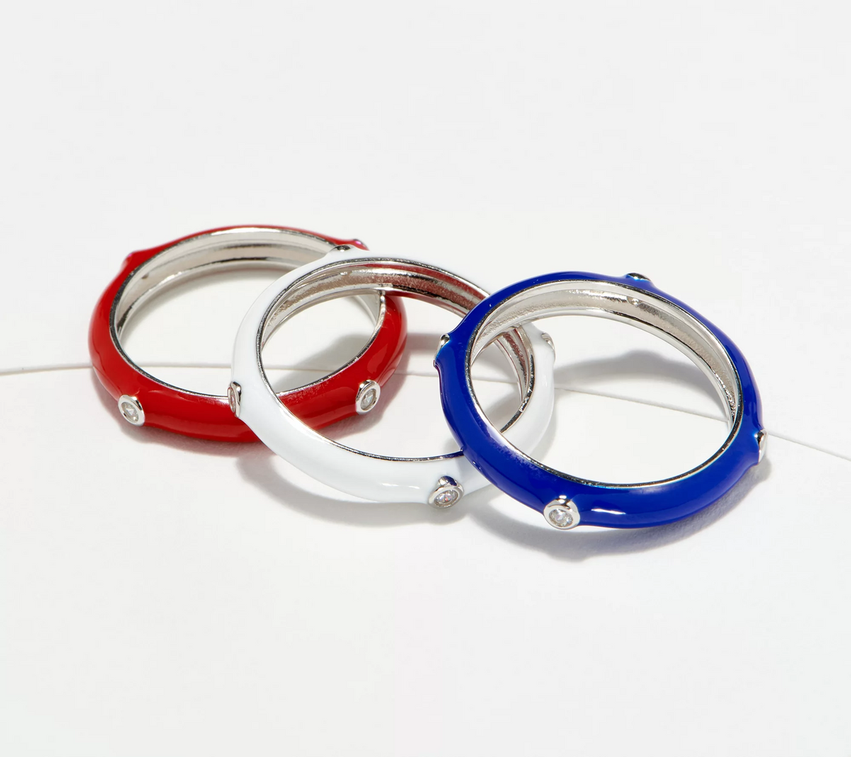 Diamonique Set of 3 Red, White and Blue Enamel Band Rings, Sterling Silver, Size 6