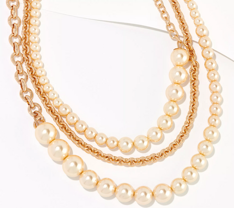 Susan Graver Multi-Strand Simulated Pearl "Champagne" with Golden Tone Chain Necklace, Size 17"+4"