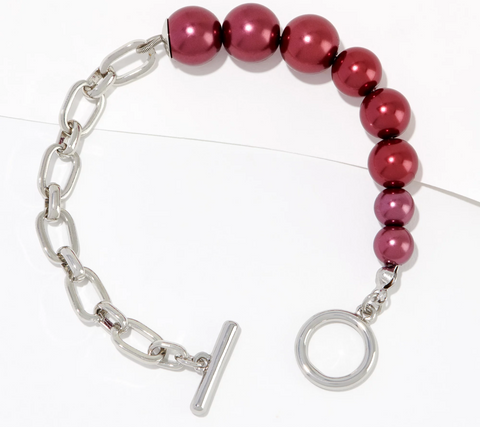 Susan Graver Silvertone Burgundy Simulated Pearl & Chain Toggle Bracelet 7-1/2"