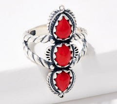 American West Sterling Silver 3 Gemstone Ring, Red, Size 5