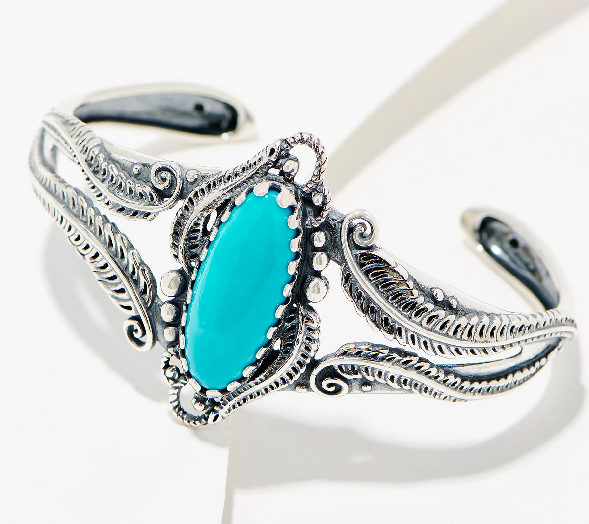 American West Sterling Silver Leaf & Scroll Oval Turquoise Cuff Bracelet 7"