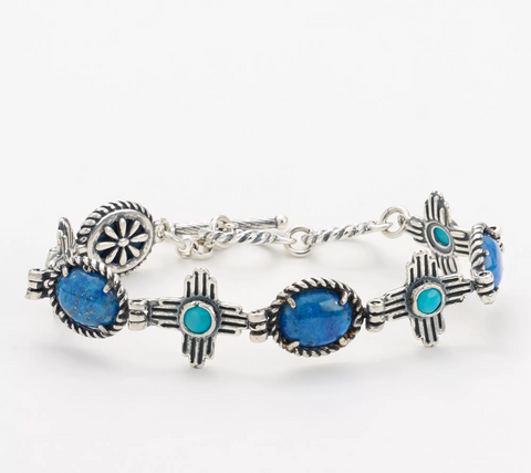 American West Sterling Silver Reversible Zia Gemstone Toggle Bracelet, Size 6-3/4"+1/2"