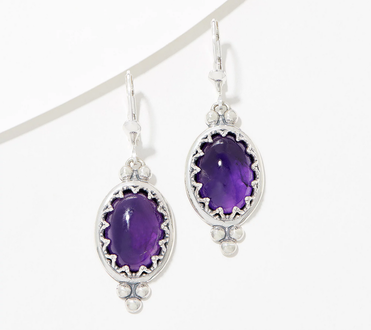 American West Sterling Silver Crown Purple Amethyst Lever Back Earrings. 1-3/4"